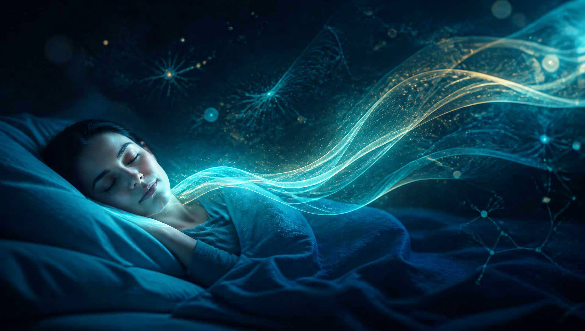 A person sleeping calmly as luminous currents of breath flow through the night